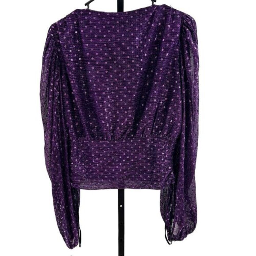 For Love & Lemons Womens L Purple La Vilette Metallic Puff Sleeve Top Plunge New - Picture 6 of 10